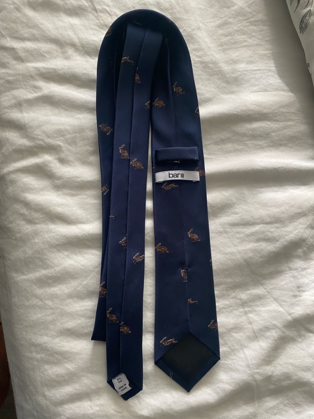 Bar III Navy Tie with Brown Rabbit Embroidery